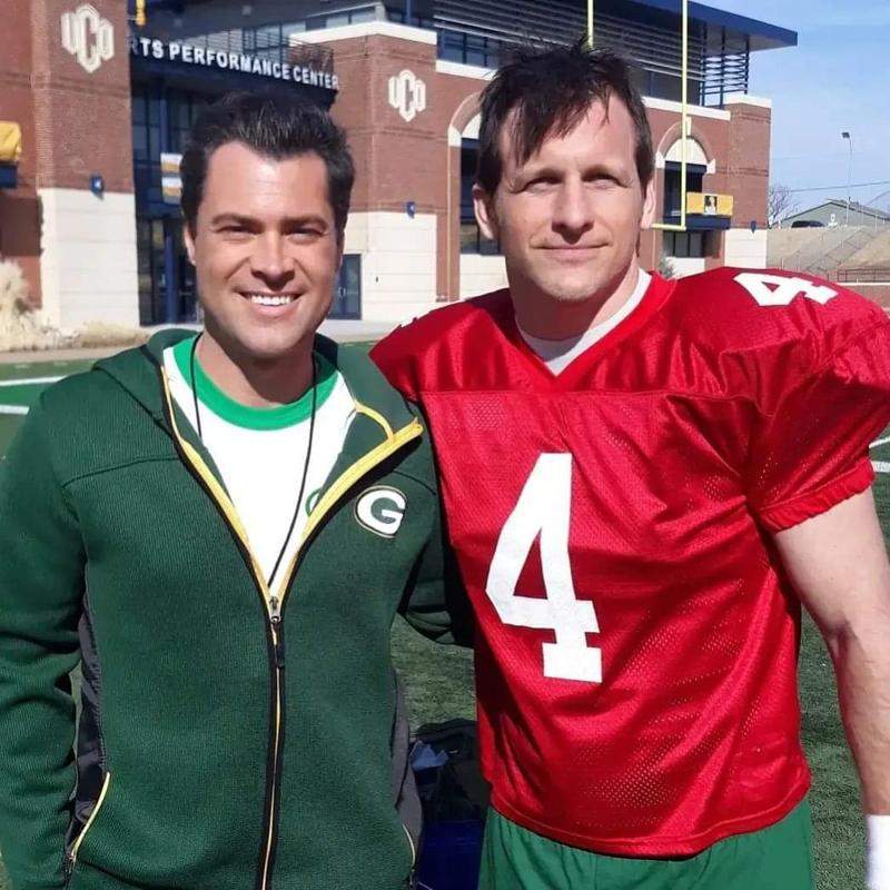 Matthew Bassuener in a red number 4 uniform playing Brett Favre in American Underdog